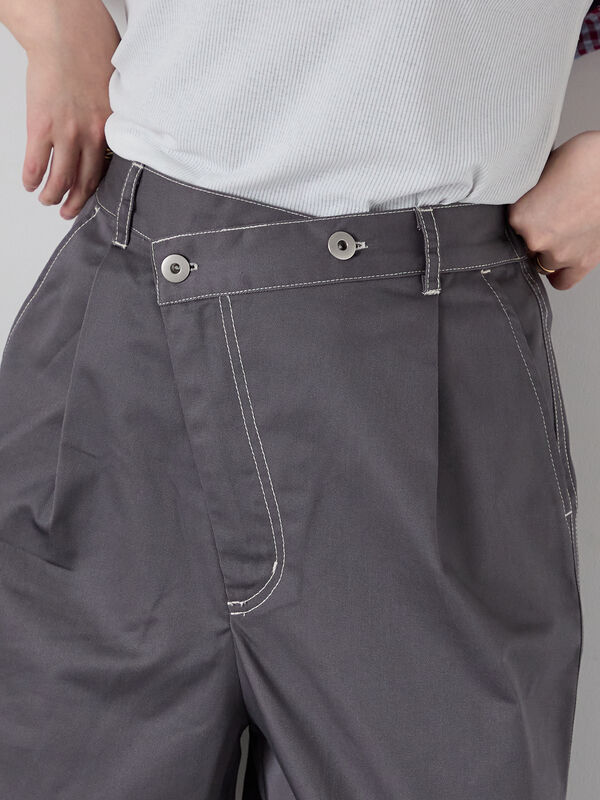 セール】 配色ステッチクロスウエストパンツ（グレー/ベージュ