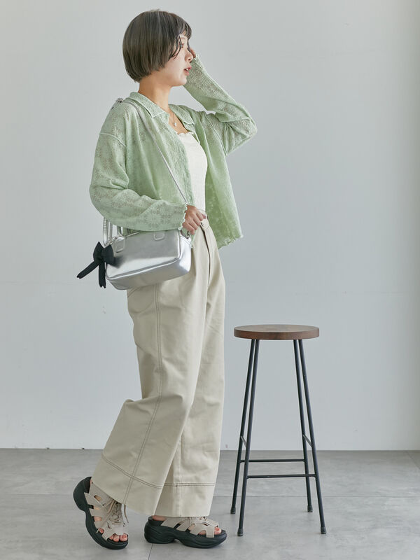 配色ステッチクロスウエストパンツ（グレー/ベージュ/ネイビー  