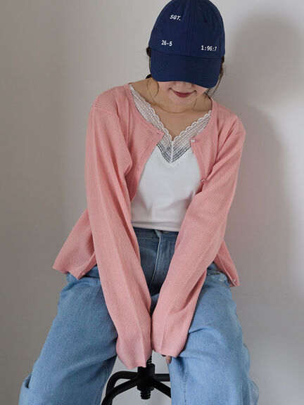 ワンポイント刺繍リブカーディガン（グレー/ピンク/ブルー/キナリ）｜ehka sopo（エヘカソポ）通販