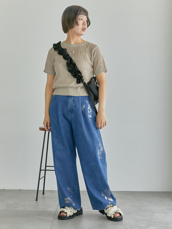 【全3色】パール装飾半袖ニットトップ　アイボリー ピンク ブラック【en-250327top4】( vdh )(250328) パール付きニットセーター 半袖 レディース[品番：KH000013574