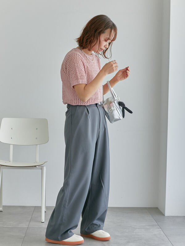 セール】 透かし柄半袖ニット（オフホワイト/ピンク/ベージュ/トップス