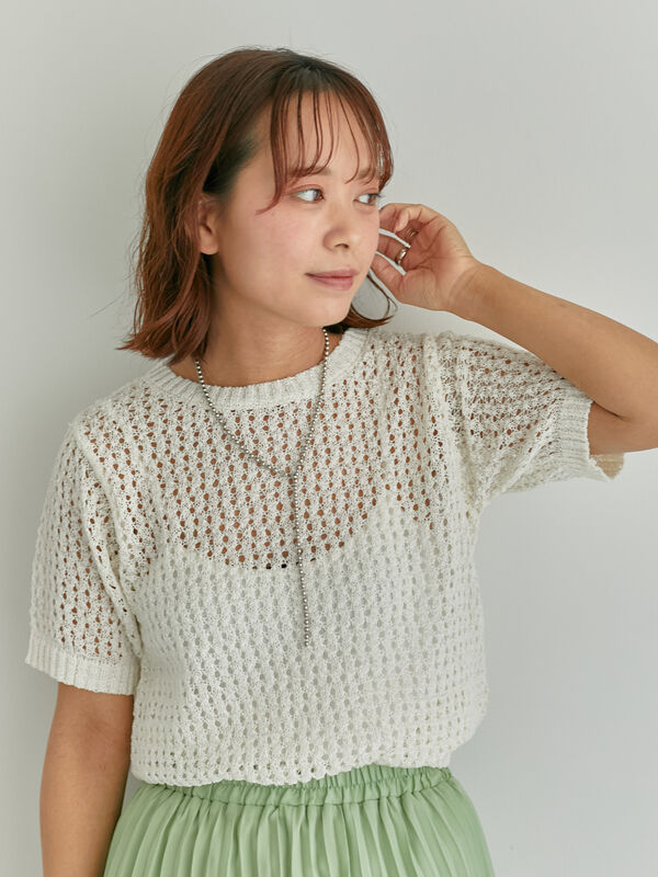 【WEB先行カラーあり／手洗い可】透かし柄スリーブニット 夏SALE／WEB先行カラーあり／手洗い可】透かし柄スリーブニット