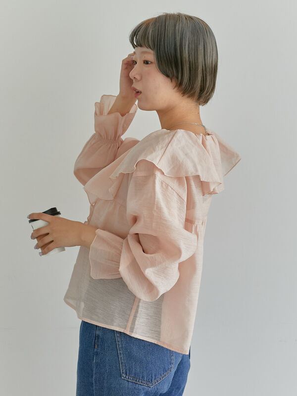 セール】大人なシアー魅せ。2wayラッフルフリルビッグカラー