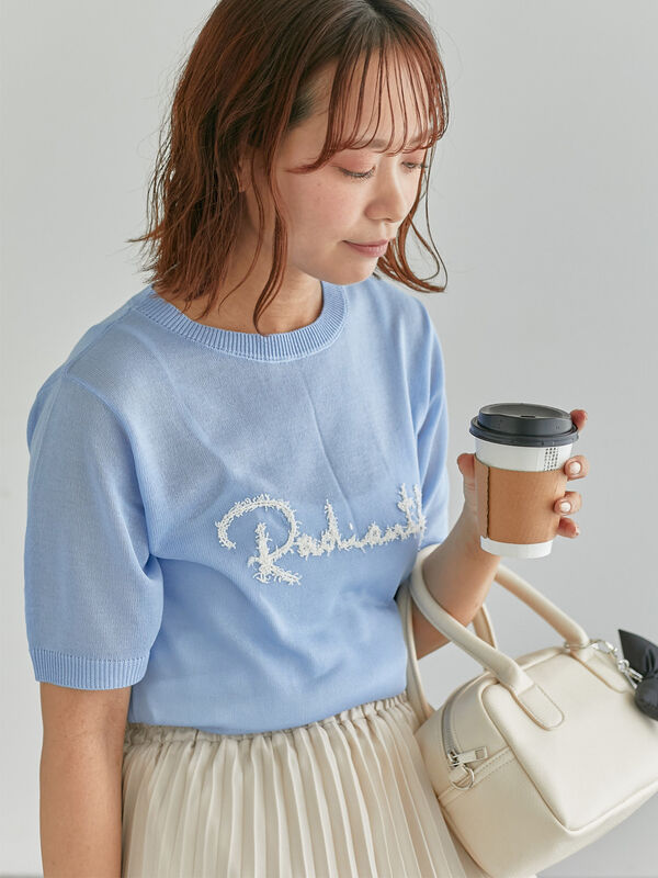 ロゴ刺繍半袖ニット（サックスブルー）｜ehka sopo（エヘカソポ）通販