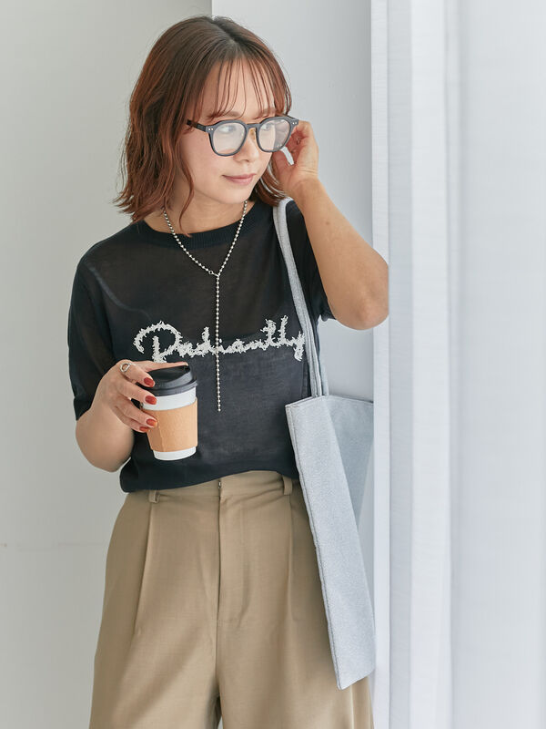 セール】 ロゴ刺繍半袖ニット（ブラック/サックスブルー/キナリ