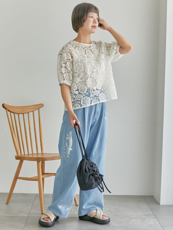 新品★サマンサモスモス★blue★後リボン*シフリー刺繍*総レース刺繍ブラウス セール】 前後2WAYレースリボンブラウス（オフホワイト/ブラック