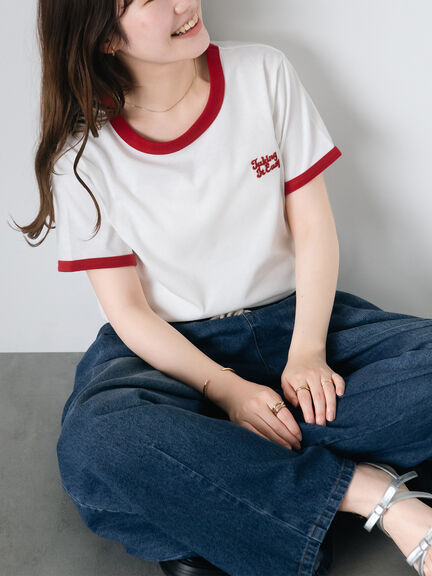 3D刺繍リンガーTシャツ（オフホワイト/グリーン/サックスブルー/ネイビー）｜ehka sopo（エヘカソポ）通販