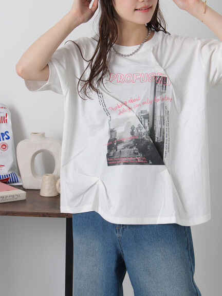 プリントタックTシャツ（オフホワイト/ブラック/ピンク/サックスブルー）｜ehka sopo（エヘカソポ）通販