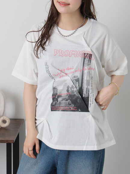 プリントタックTシャツ（オフホワイト/ブラック/ピンク/サックスブルー）｜ehka sopo（エヘカソポ）通販