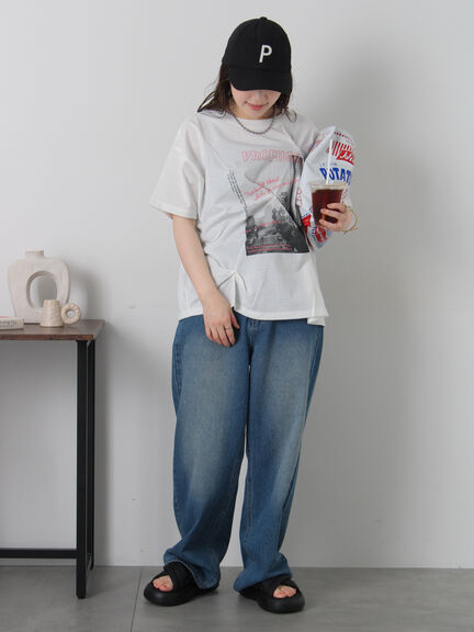 プリントタックTシャツ（オフホワイト/ブラック/ピンク/サックスブルー）｜ehka sopo（エヘカソポ）通販