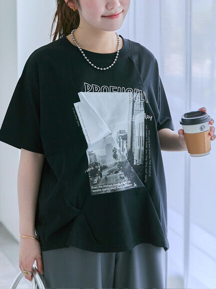 プリントタックTシャツ（オフホワイト/ブラック/ピンク/サックスブルー）｜ehka sopo（エヘカソポ）通販