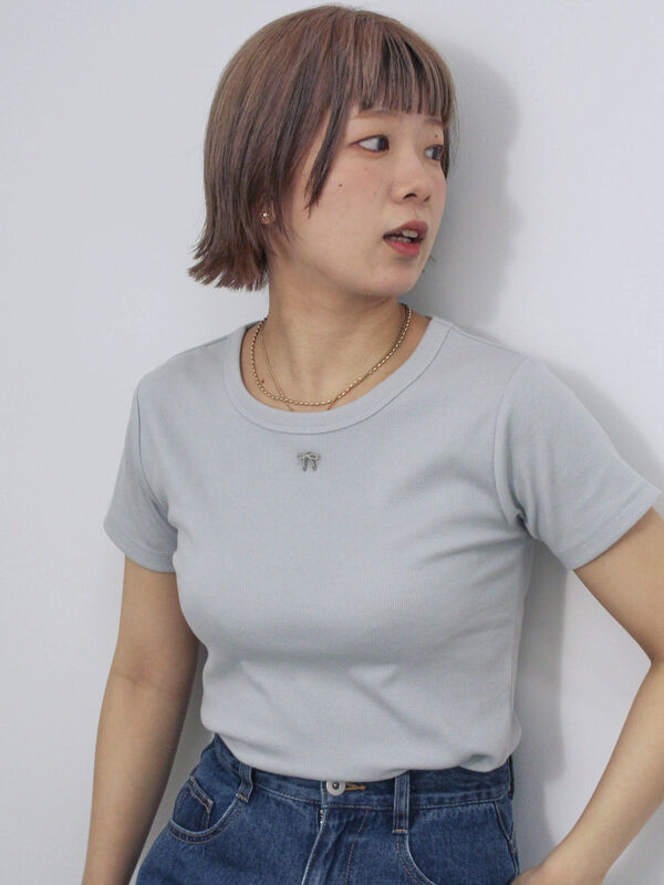 リボンチャーム付き半袖カットソー（グレー）｜ehka sopo（エヘカソポ）通販