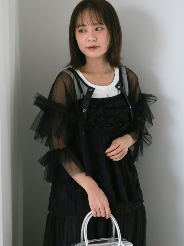 AD2022 23SS チュールフリルデザイン丸襟半袖ブラウス 黒 AD2022 23SS