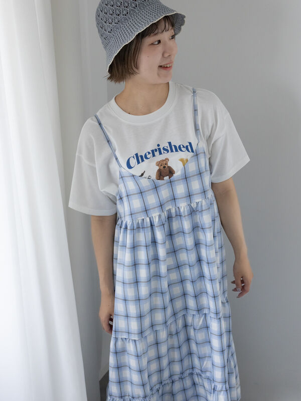 セール】 レース付きチェックキャミワンピース（イエロー/グリーン