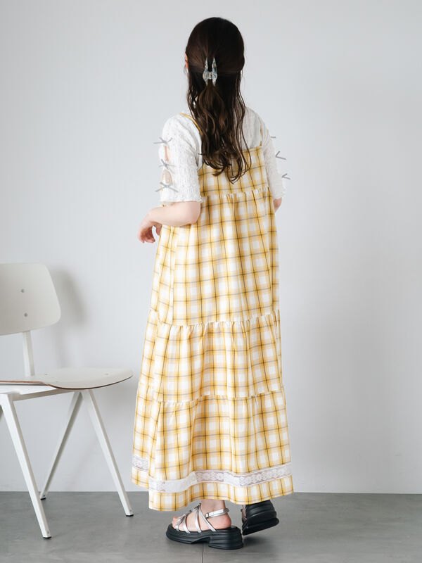 セール】 レース付きチェックキャミワンピース（イエロー/グリーン