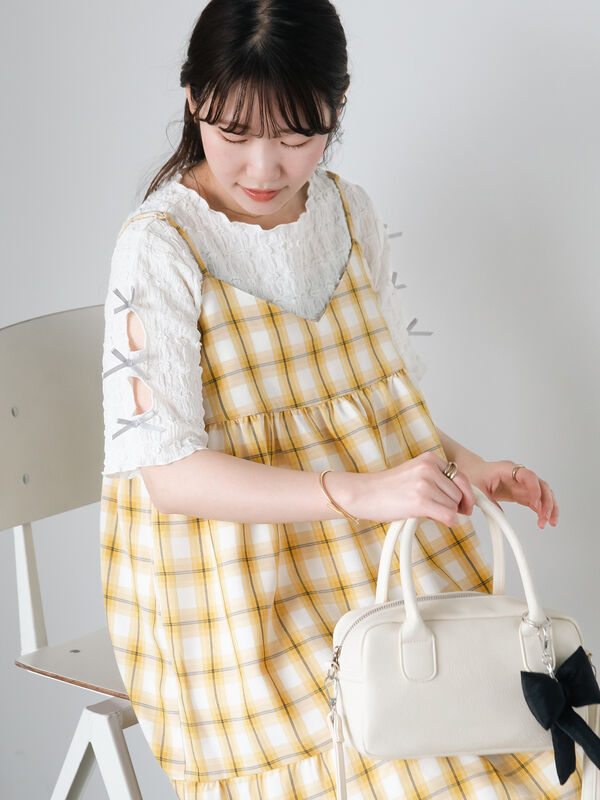 セール】 レース付きチェックキャミワンピース（イエロー/グリーン