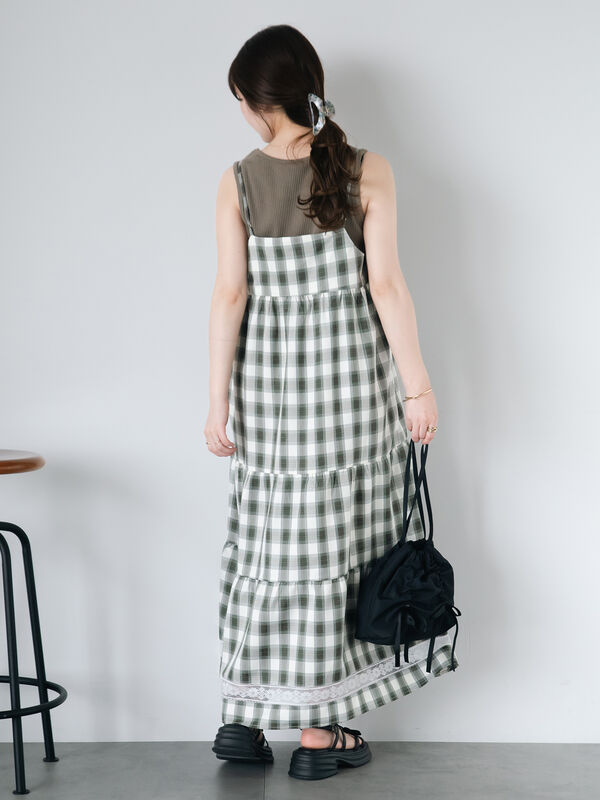 00s TRALALA ビスチェ風 モノトーンチェック柄フリルキャミワンピ 新品TRALALA/レース編み上げフリルチェックキャミワンピ