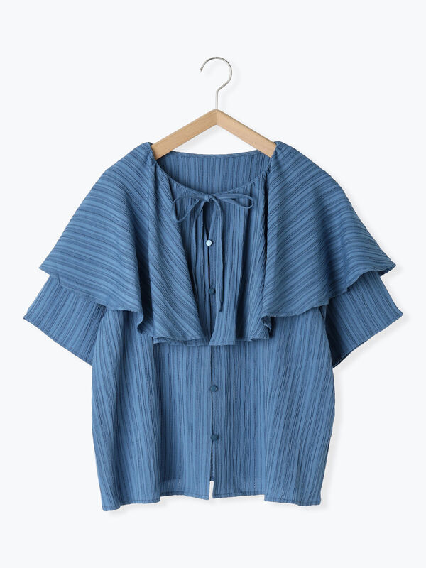 セール】 シワ加工ケープカラーブラウス（オフホワイト/ブラック