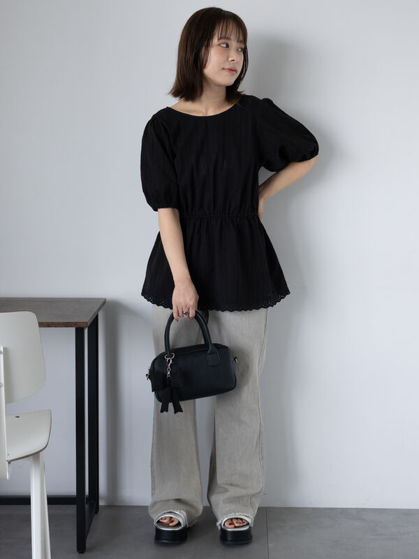 セール】 バックリボンペプラムブラウス（オフホワイト/ブラック