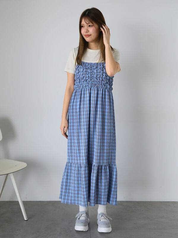 セール】 チェックシャーリングキャミワンピース（イエロー/グリーン