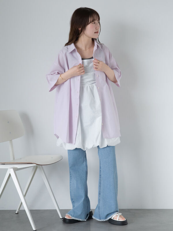 リネンストライプオーバーシャツ リネンストライプ バンドカラーシャツ｜nest Robe / CONFECT