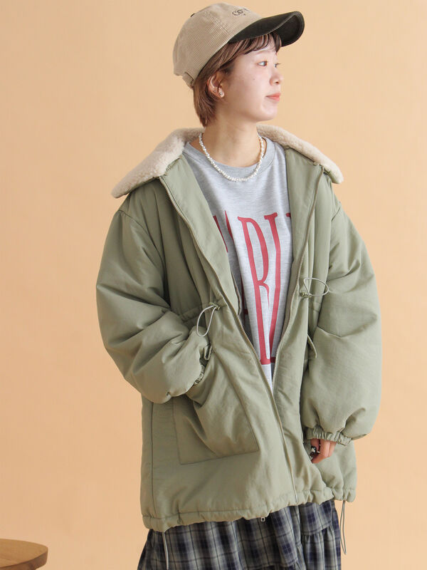 襟ボア中綿ジャケット（ブラック/カーキ/キナリ/アウター/ブルゾン