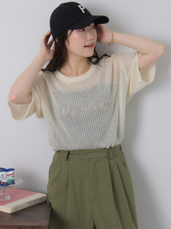 ロゴコード刺繍メッシュニット（ブラック/ミント/サックスブルー/キナリ）｜ehka sopo（エヘカソポ）通販
