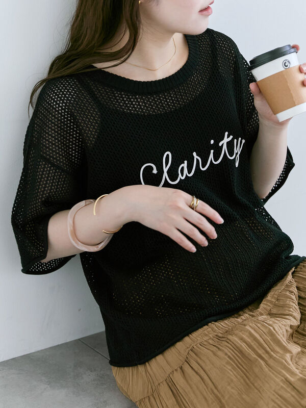ロゴコード刺繍メッシュニット（ブラック）｜ehka sopo（エヘカソポ）通販