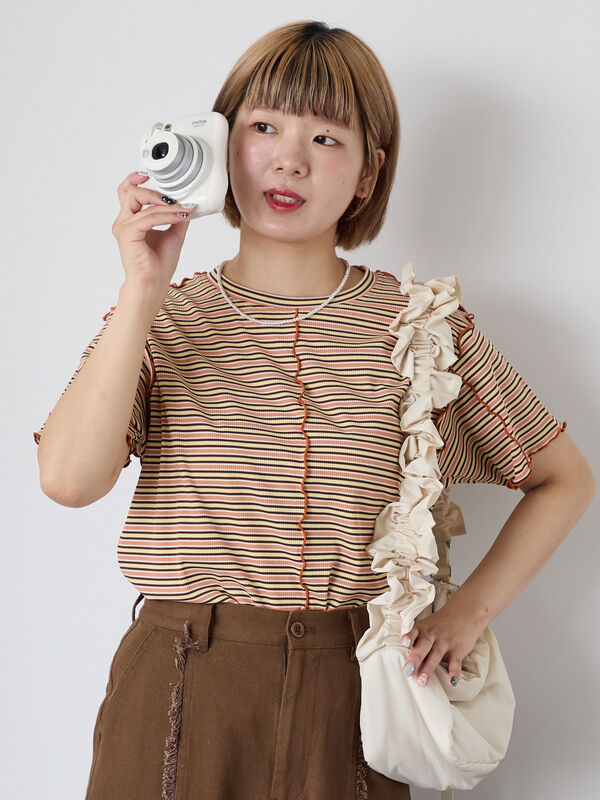 セール】 配色メローボーダーTシャツ（ピンク/モカ/イエロー/ミント