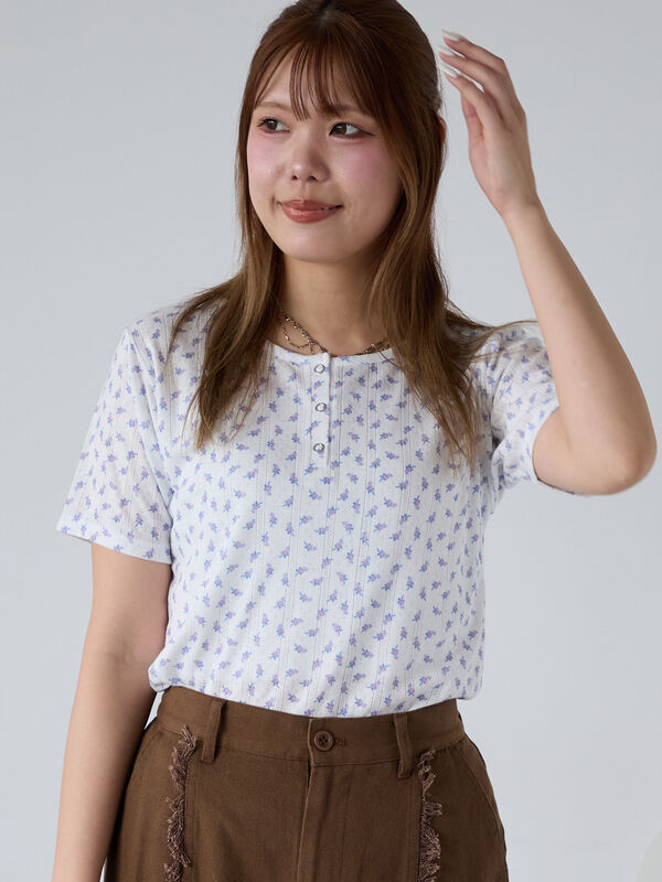 セール】 小花柄ヘンリーネックカットソー（ピンク/イエロー/ブルー