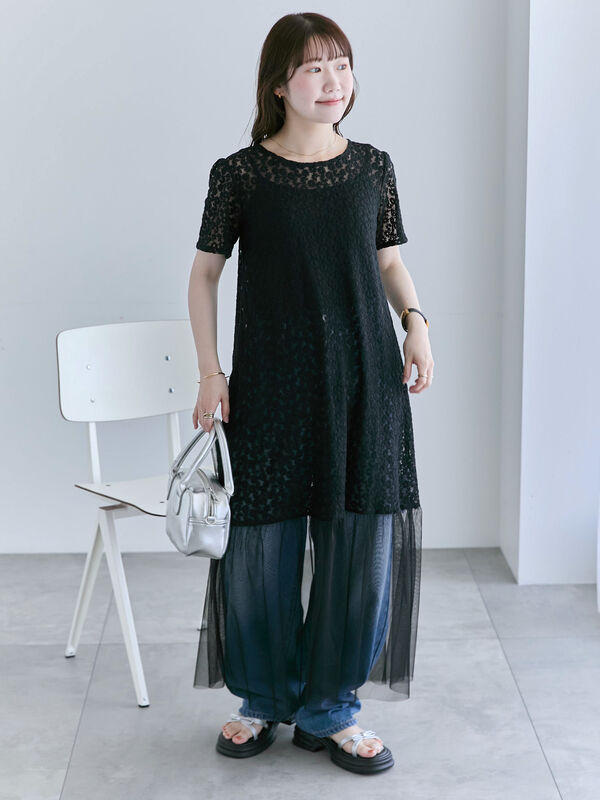 セール】 ◎レース切り替えワンピース（オフホワイト/ブラック/キナリ