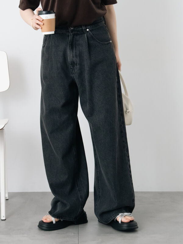 セール】 ワンタックストレートデニムパンツ（チャコールグレー/ブルー