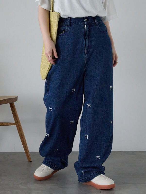◎リボン刺繍ストレートデニムパンツ（ネイビー）｜ehka sopo（エヘカソポ）通販