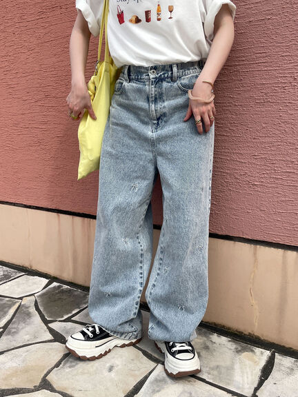 ◎リボン刺繍ストレートデニムパンツ（サックスブルー/ブルー/ネイビー）｜ehka sopo（エヘカソポ）通販