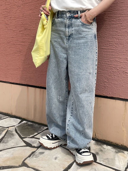 ◎リボン刺繍ストレートデニムパンツ（サックスブルー/ブルー/ネイビー）｜ehka sopo（エヘカソポ）通販
