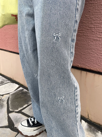 ◎リボン刺繍ストレートデニムパンツ（サックスブルー/ブルー/ネイビー）｜ehka sopo（エヘカソポ）通販