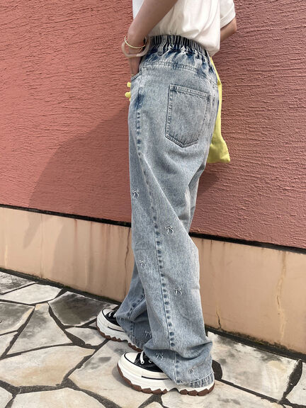 ◎リボン刺繍ストレートデニムパンツ（サックスブルー/ブルー/ネイビー）｜ehka sopo（エヘカソポ）通販