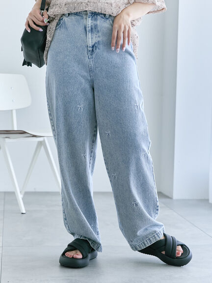 ◎リボン刺繍ストレートデニムパンツ（サックスブルー/ブルー/ネイビー）｜ehka sopo（エヘカソポ）通販