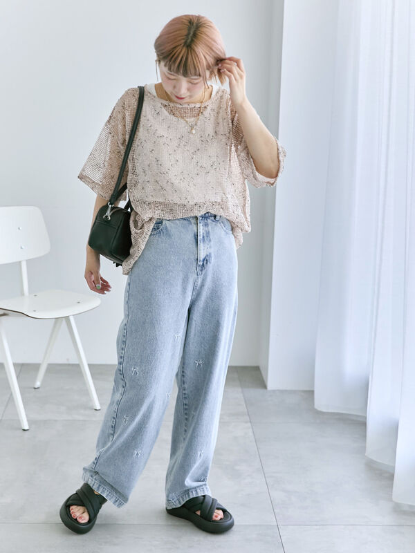 セール】 ◎リボン刺繍ストレートデニムパンツ（サックスブルー/ブルー