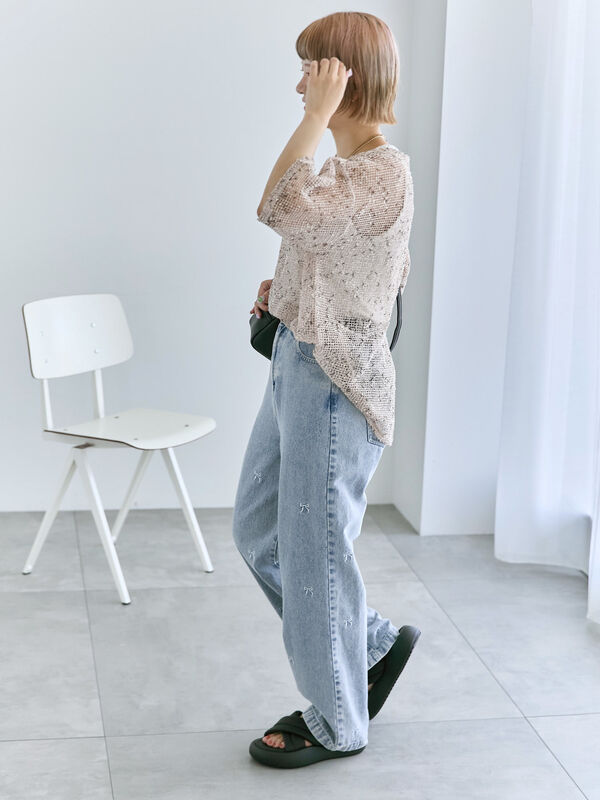 セール】 ◎リボン刺繍ストレートデニムパンツ（サックスブルー