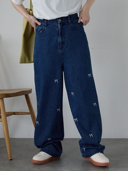 ◎リボン刺繍ストレートデニムパンツ（サックスブルー/ブルー/ネイビー）｜ehka sopo（エヘカソポ）通販