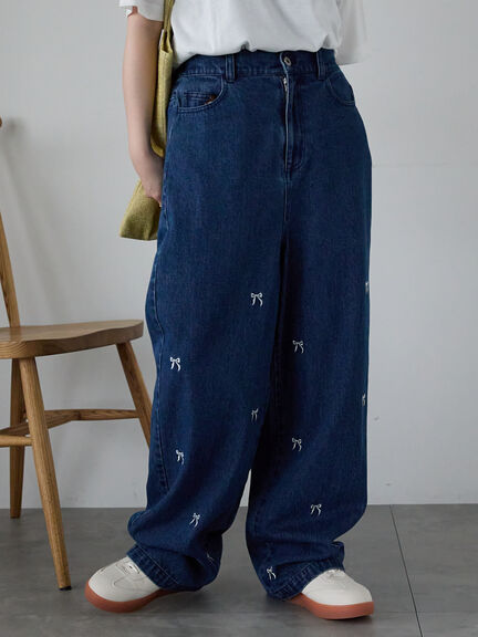 ◎リボン刺繍ストレートデニムパンツ（サックスブルー/ブルー/ネイビー）｜ehka sopo（エヘカソポ）通販