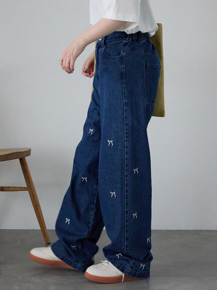 ◎リボン刺繍ストレートデニムパンツ（サックスブルー/ブルー/ネイビー）｜ehka sopo（エヘカソポ）通販