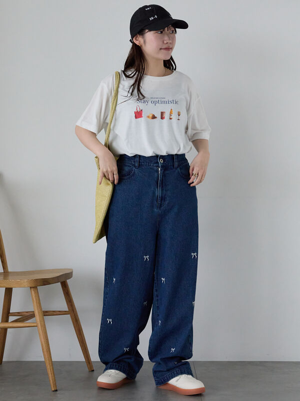 ダークブルーWデニム♡刺繍のリボンバッグ♡ストーン付き セール】ラインストーン付きデニムリボンバッグ（トートバッグ