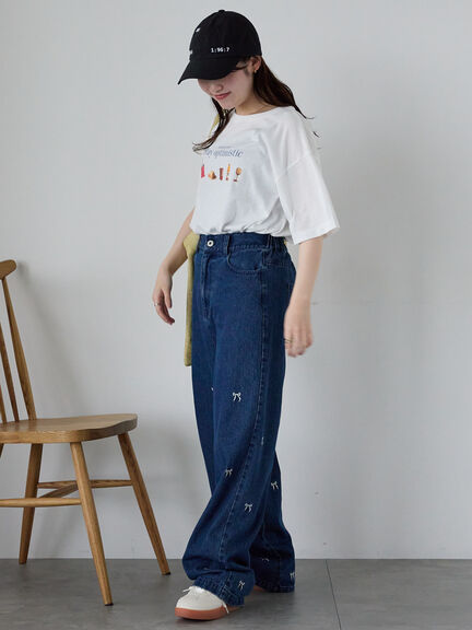 ◎リボン刺繍ストレートデニムパンツ（サックスブルー/ブルー/ネイビー）｜ehka sopo（エヘカソポ）通販