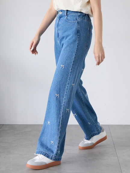 ◎リボン刺繍ストレートデニムパンツ（サックスブルー/ブルー/ネイビー）｜ehka sopo（エヘカソポ）通販