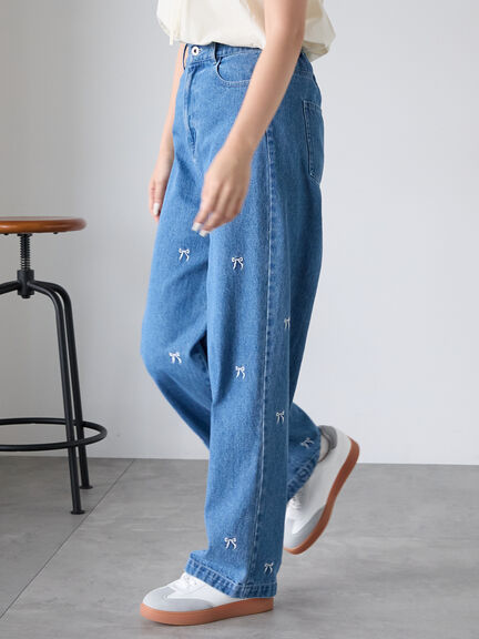 ◎リボン刺繍ストレートデニムパンツ（サックスブルー/ブルー/ネイビー）｜ehka sopo（エヘカソポ）通販