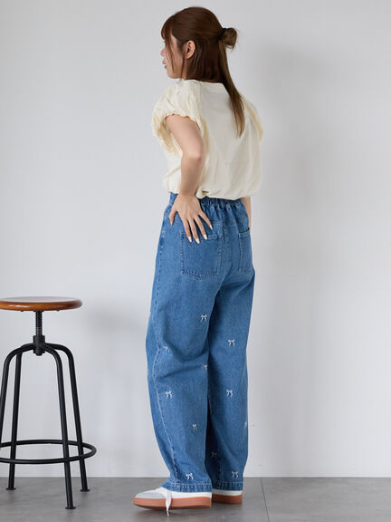 ◎リボン刺繍ストレートデニムパンツ（サックスブルー/ブルー/ネイビー）｜ehka sopo（エヘカソポ）通販