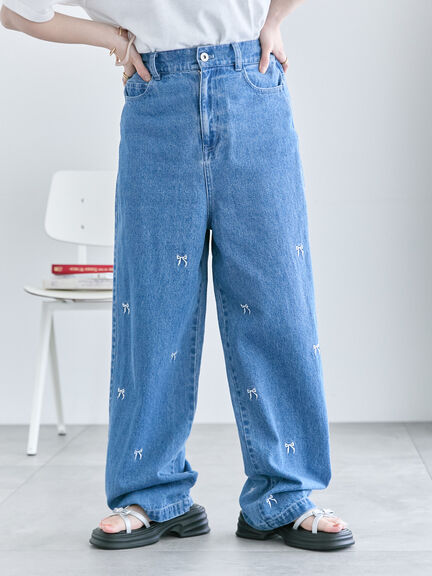 ◎リボン刺繍ストレートデニムパンツ（サックスブルー/ブルー/ネイビー）｜ehka sopo（エヘカソポ）通販