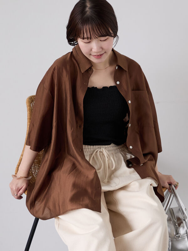 【超美品✨】CO ブラウン シャツワンピース 半袖 バイカラーシャツプリーツ半袖ワンピース「CU1378」